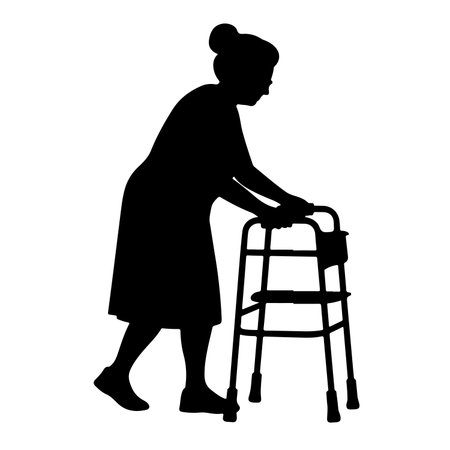 Vector silhouette of old woman with crutches on white background.のイラスト素材