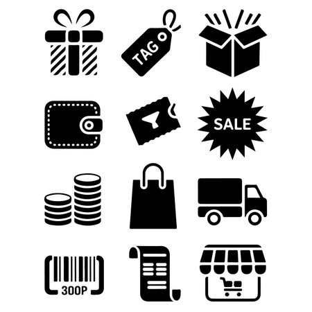 Shopping icons set. Black and white design. Vector illustration.のイラスト素材