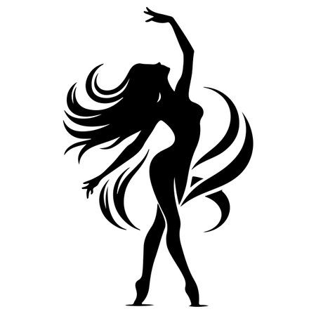 Silhouette of a beautiful girl dancing with long hair. Vector illustration.のイラスト素材
