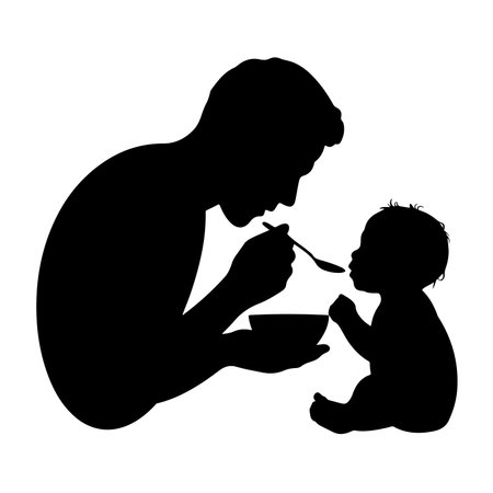 Vector silhouette of a father feeding his son on a white background.のイラスト素材