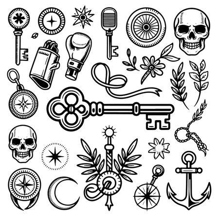 Set of hand drawn doodle anchor, steering wheel, key, crescent moon, star, wind rose, compass and other elementsのイラスト素材
