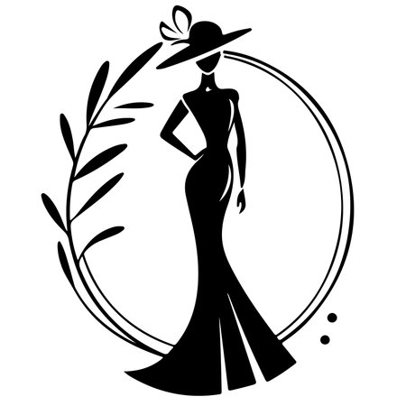 Silhouette of a beautiful woman in a long dress and hatのイラスト素材