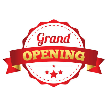 Grand opening red label with ribbon on white background, vector illustration.のイラスト素材