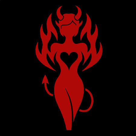 Flaming devil girl with horns and a heart on a black backgroundのイラスト素材