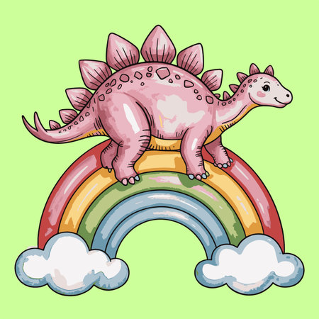 Cute dinosaur on rainbow. Hand drawn vector illustration for kids.のイラスト素材