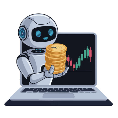 Robot with coins and laptop. Vector illustration in cartoon style.のイラスト素材