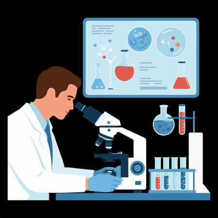 Scientist working with microscope in laboratory. Vector illustration in flat styleのイラスト素材
