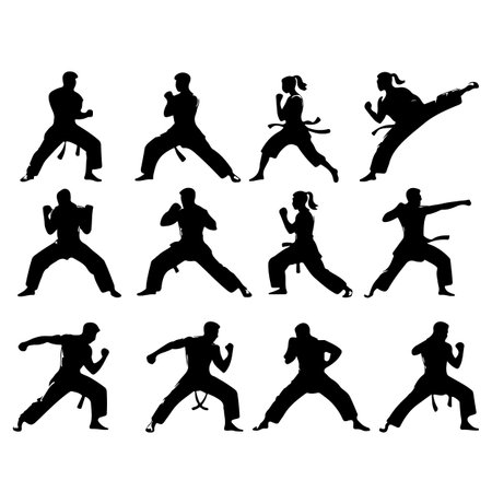 Set of silhouettes of karate fighters on a white background.のイラスト素材