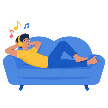 Man listening to music on the sofa. Flat style vector illustration.のイラスト素材