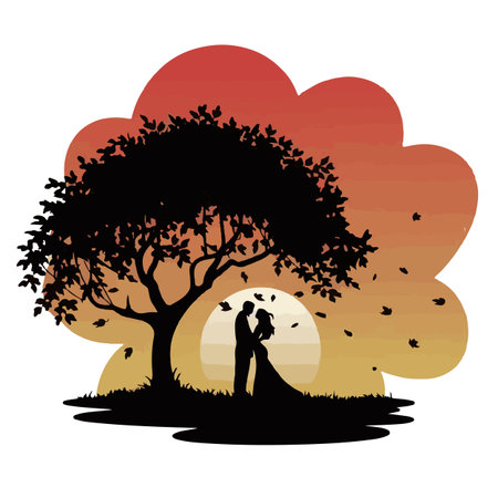 Silhouette of a loving couple under a tree. Vector illustrationのイラスト素材