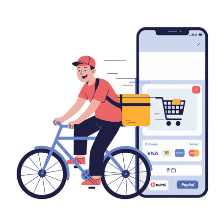 Online delivery service. Courier in uniform riding bicycle with boxes on smartphone screen. Vector illustration in flat styleのイラスト素材