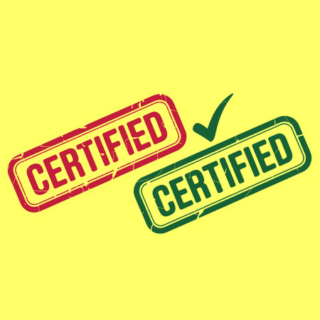 CERTIFIED stamp on yellow background. Grunge vector illustration.のイラスト素材