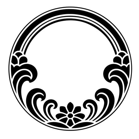 Black and white round frame with floral contour. Vector clip art.のイラスト素材