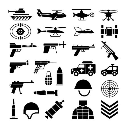 Military and army icons set. Military and army pictograms. Vector illustrationのイラスト素材