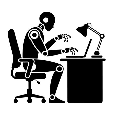 Robot working at the office black simple icon on a white backgroundのイラスト素材