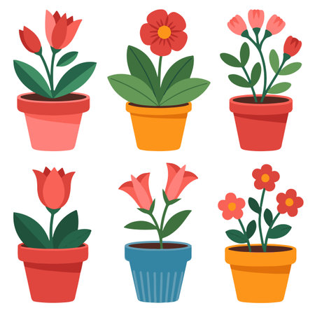 Flowers in pots icon set. Vector illustration in flat style.のイラスト素材