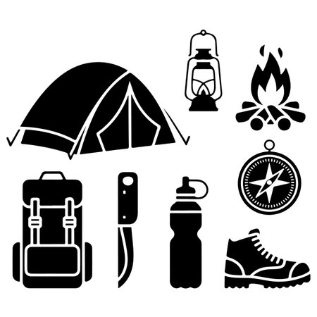 Camping equipment icons set. Black and white illustration of camping equipment vector icons for webのイラスト素材