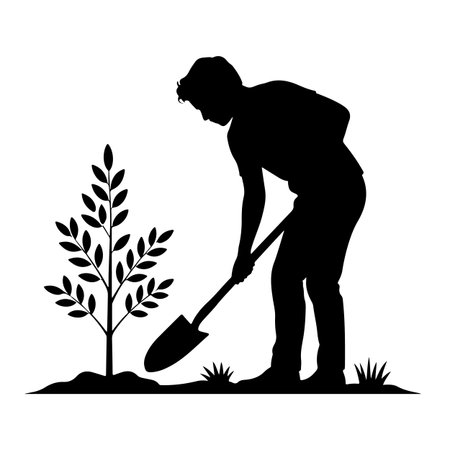 Vector silhouette of a gardener with a shovel on a white background.のイラスト素材
