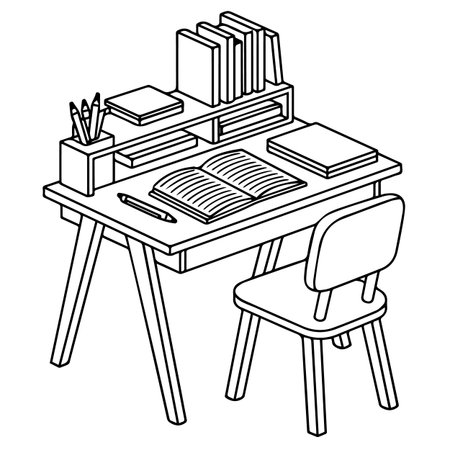Desk with books and chair icon. Outline illustration of desk with books and chair vector icon for webのイラスト素材