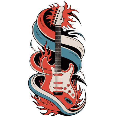 Vector illustration of an electric guitar with flames in the shape of a heartのイラスト素材