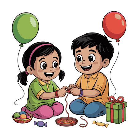 Indian boy and girl with gift box and balloons cartoon vector illustration graphic designのイラスト素材