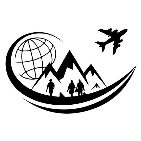 Travel and tourism icon. Vector illustration of a group of people, mountains and airplane.のイラスト素材