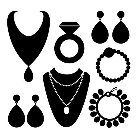 Vector set of women's jewelry and accessories. Black silhouettes.のイラスト素材