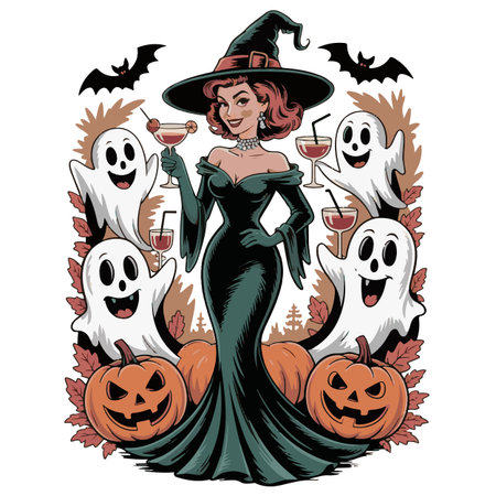Vector illustration of a witch in a black dress with a cocktail in her hands. Halloween background.のイラスト素材