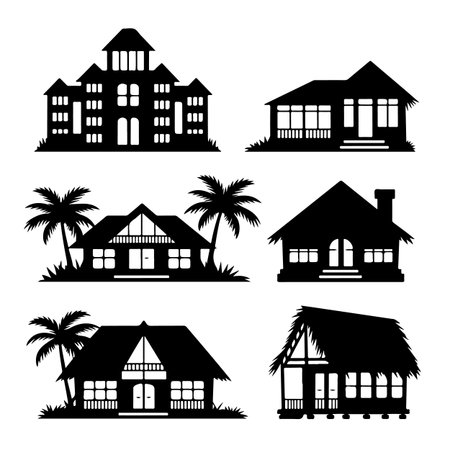 Collection of silhouettes of houses on a white background. Vector illustrationのイラスト素材