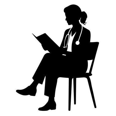 Vector silhouette of a woman doctor sitting on a chair with a book.のイラスト素材