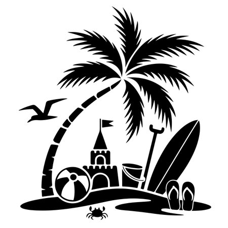 beach with palm tree, sand castle, ball, surfboard and seagullsのイラスト素材
