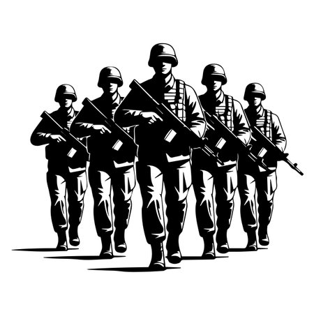Soldiers with assault rifles. Vector illustration on a white background.のイラスト素材