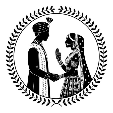 Black and white illustration of a man and woman in traditional clothes.のイラスト素材
