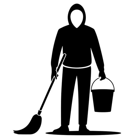 Man with a broom and bucket on white background, vector illustration.のイラスト素材