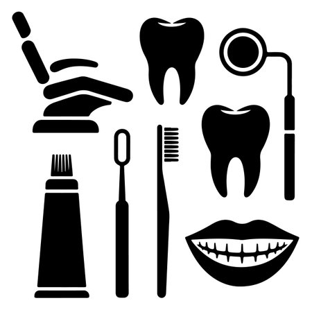 Dental care icons set. Toothbrush, toothpaste, toothbrush, dental chair, mirror, toothpaste, dental floss. Vector illustrationのイラスト素材