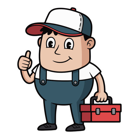 Cartoon mechanic with toolbox giving thumbs up. Vector illustration.のイラスト素材