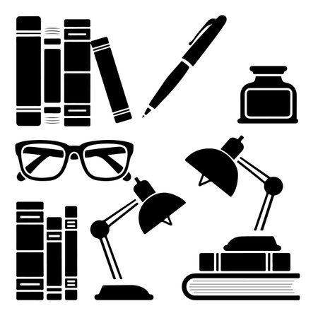 Vector illustration of a set of school supplies. Desk lamp, books, eyeglasses, pen, ink bottle.のイラスト素材