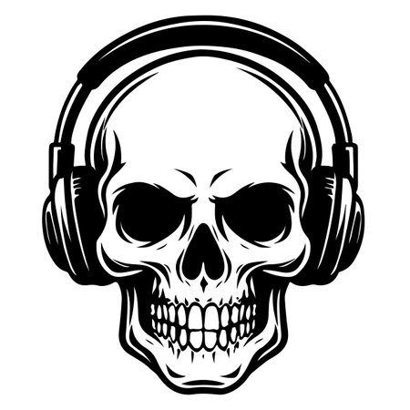 Skull with headphones listening to music. Vector illustration of skull.のイラスト素材