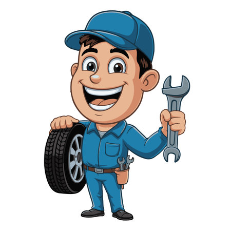 Cartoon mechanic holding a wrench and a car wheel. Vector illustrationのイラスト素材