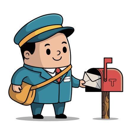 Postman sending a letter with mail box - postman cartoon characterのイラスト素材