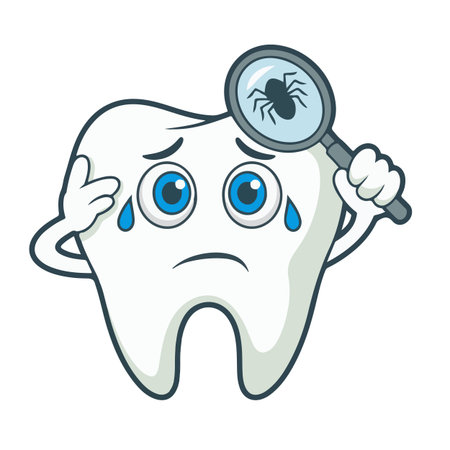 Tooth character cartoon style with magnifying glass. Vector illustration.のイラスト素材