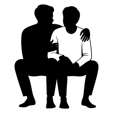 Two men sitting on a bench vector silhouette illustration isolated on white background.のイラスト素材