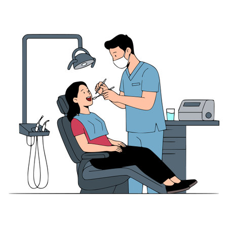 Dentist and patient in dental chair. Vector illustration in flat styleのイラスト素材