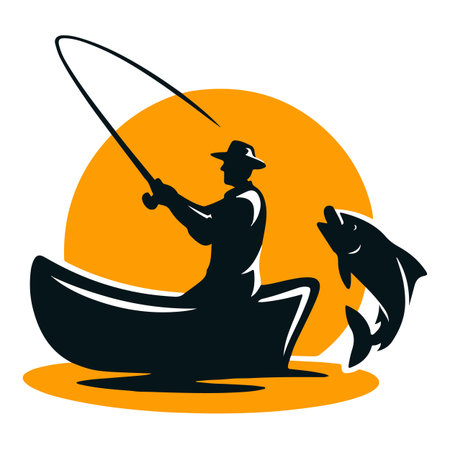 Fisherman with a fishing rod on a boat. Vector illustrationのイラスト素材