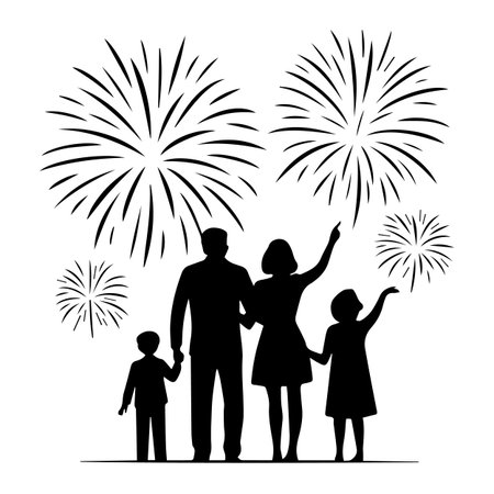Silhouette of happy family with firework background. Vector illustrationのイラスト素材