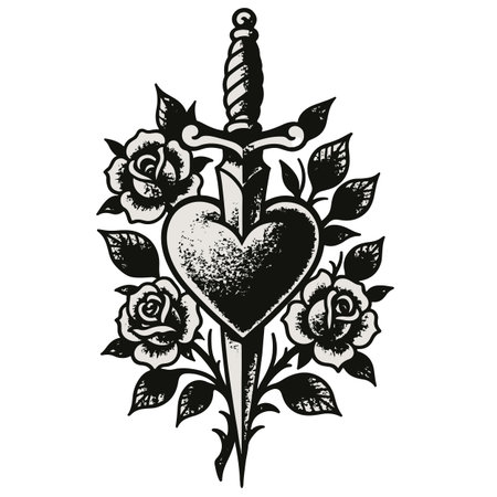 Hand drawn illustration of a dagger in the shape of a heart and rosesのイラスト素材