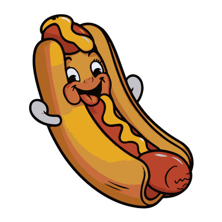 Hot Dog Cartoon Character Vector Illustration. Fast Food Icon Isolatedのイラスト素材