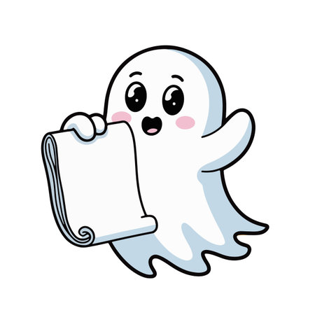 ghost holding a blank sheet of paper on white background. vector illustrationのイラスト素材