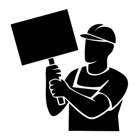 Construction worker holding a blank sign. Black and white vector illustration.のイラスト素材