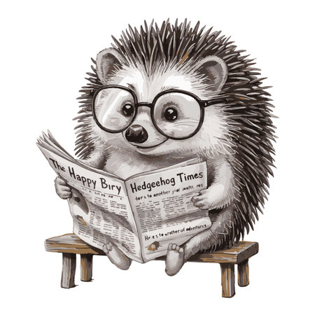 Cute hedgehog in eyeglasses reading newspaper. Watercolor illustration.のイラスト素材